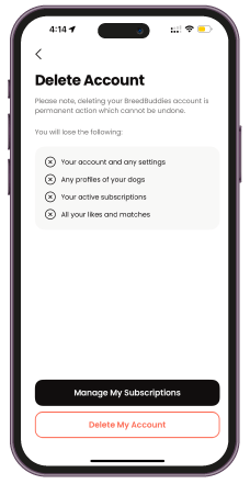 Delete Account screen on the BreedBuddies app, showing options to delete the account along with associated dog profiles, data, and messages