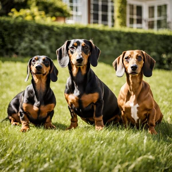 Three adorable Dachshunds sitting on a green lawn in front of a house – top-quality Dachshund breeding for healthy, happy puppies